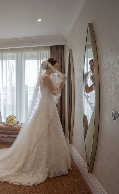 Bride in elegant suite adjusting veil next to a full-length mirror, soft lighting in a cosy room.