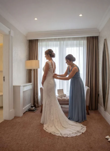 Bride in white gown with friend in hotel room, captured moments before a wedding.