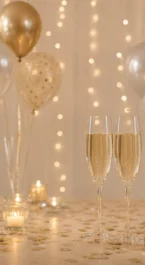 Elegant setting with champagne glasses, candles, and festive balloons, perfect for a celebration.