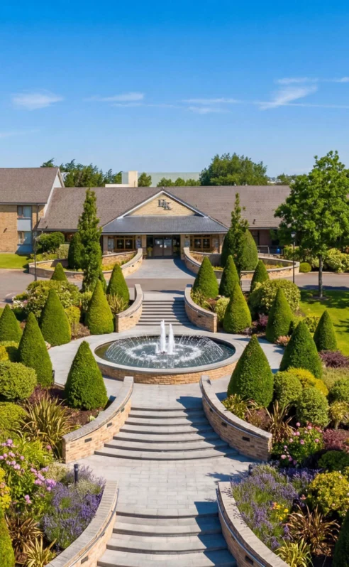 Aerial view of Hotel Kilmore entrance with lush gardens and a central fountain under a clear sky.