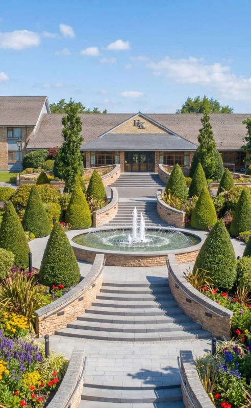 Grand entrance of Hotel Kilmore with lush gardens and a central fountain.