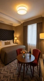 Elegant hotel room with cosy lighting, king-size bed, table with wine and flowers.