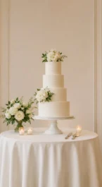 Elegant wedding cake on a table with candles and flowers at Hotel Kilmore.