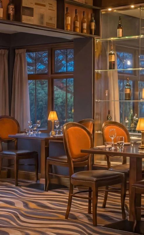 Cosy hotel restaurant with warm lighting and set tables, ready for guests.