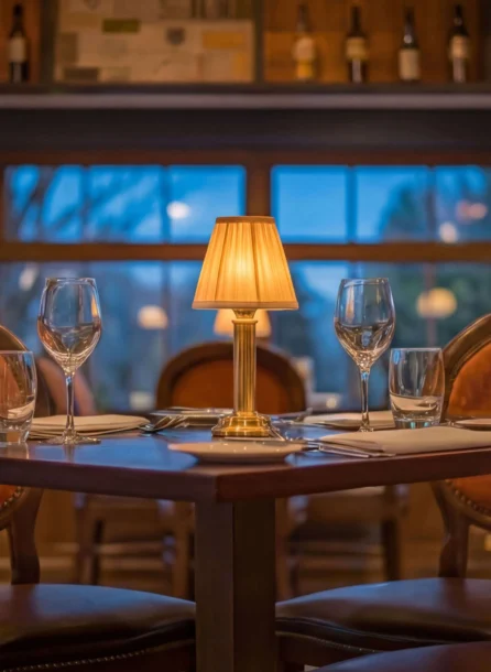 Cosy hotel restaurant with elegant table setting and dim lighting.