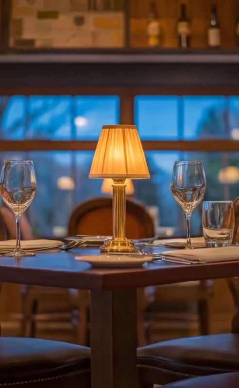 Cosy hotel restaurant with elegant table setting and dim lighting.