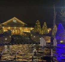 Festive hotel entrance with illuminated trees and fountain, welcoming families.