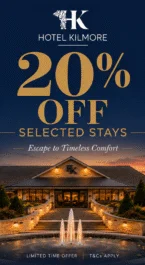 Night view of Hotel Kilmore entrance with a fountain; text promotes 20% off selected stays.