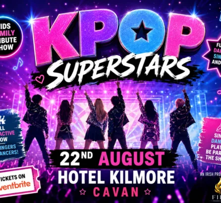 A vibrant poster for a K-pop family tribute show with colourful lights, featuring Hotel Kilmore, Cavan, on 22nd August.