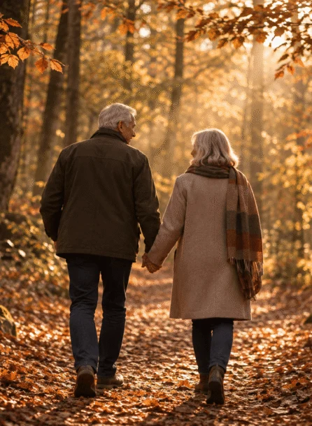 Older couple holding hands, walking through sunny autumn forest.