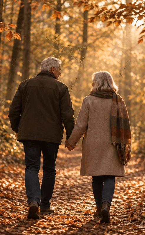 Older couple holding hands, walking through sunny autumn forest.