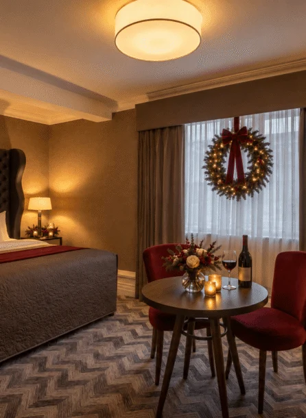 Cosy hotel room with a festive wreath, plush bed, and a table set for two with wine.