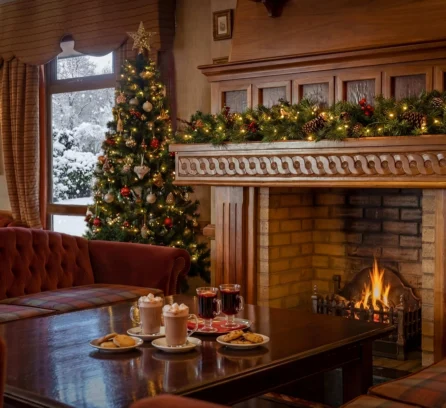 Cosy hotel lounge with a warm fireplace, Christmas tree, and festive treats on the table.