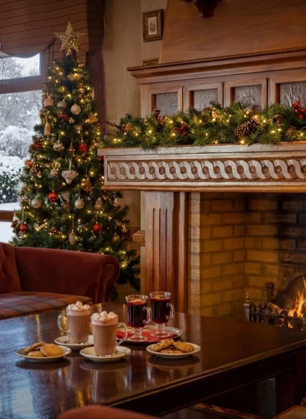 Cosy hotel lounge with a warm fireplace, Christmas tree, and festive treats on the table.