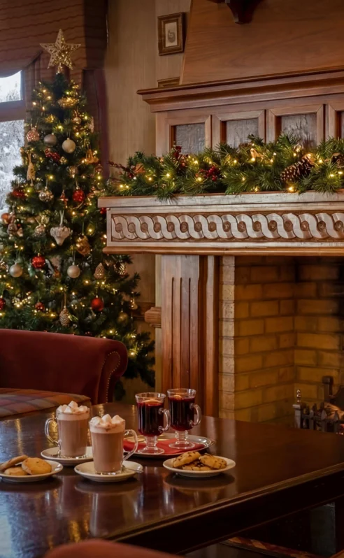 Cosy hotel lounge with a warm fireplace, Christmas tree, and festive treats on the table.