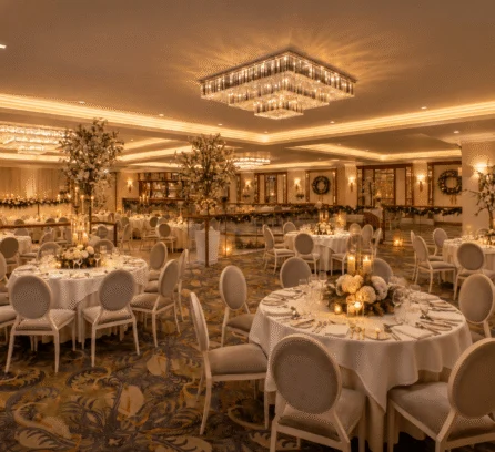 Elegant hotel dining room with warm lighting, round tables, and festive decor.