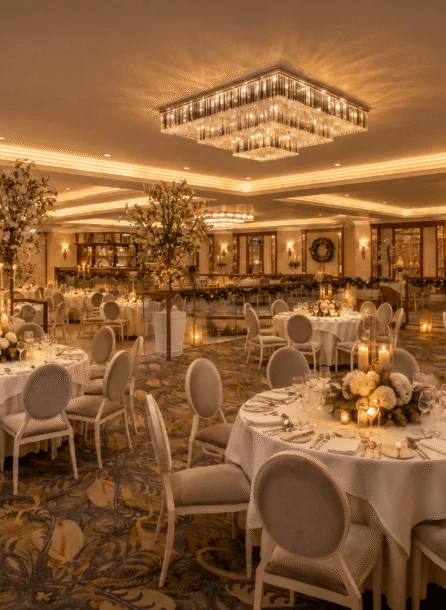Elegant hotel dining room with warm lighting, round tables, and festive decor.