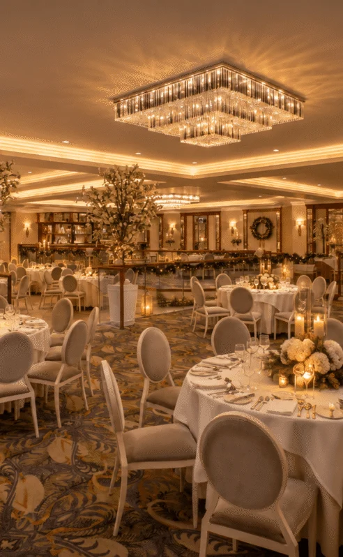 Elegant hotel dining room with warm lighting, round tables, and festive decor.