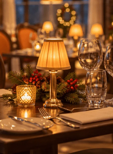 Elegant dining setup at Hotel Kilmore with festive decor and ambient lighting.