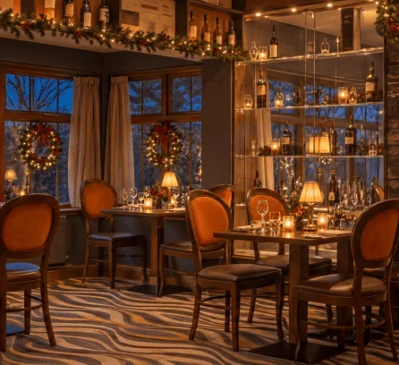 Cosy hotel restaurant at dusk with festive decor, softly lit for dining guests.