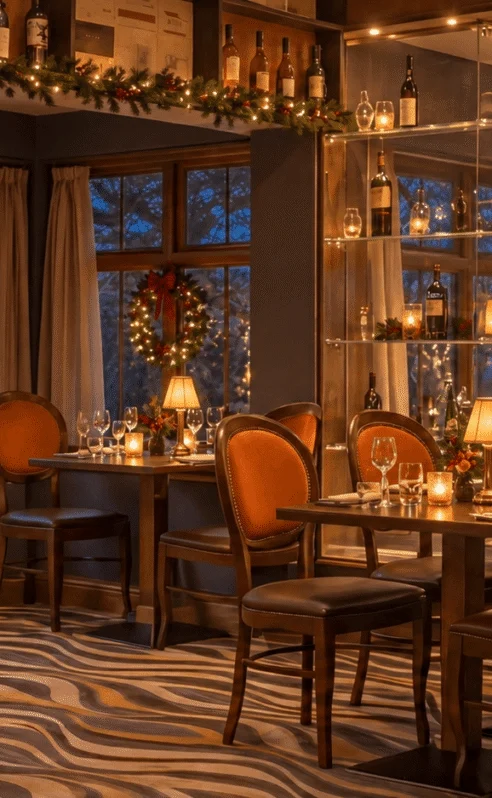 Cosy hotel restaurant at dusk with festive decor, softly lit for dining guests.