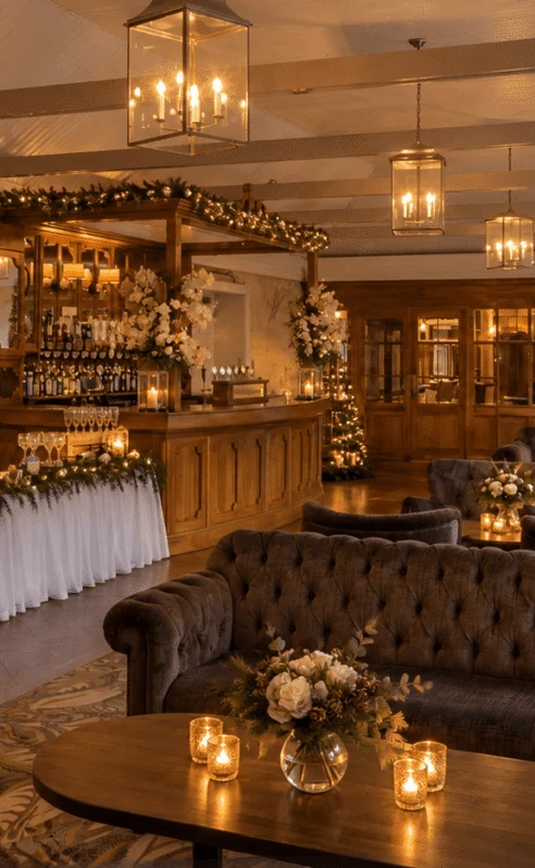 A cosy lounge in Hotel Kilmore with festive decor, inviting sofas, and a lit fireplace.