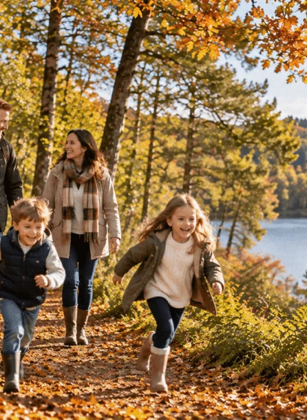 A family joyfully walking on a forest trail by a tranquil lake in autumn.