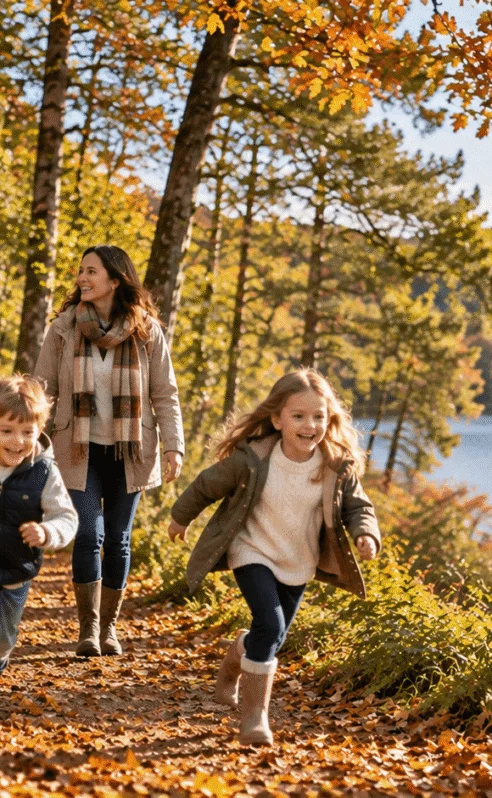A family joyfully walking on a forest trail by a tranquil lake in autumn.