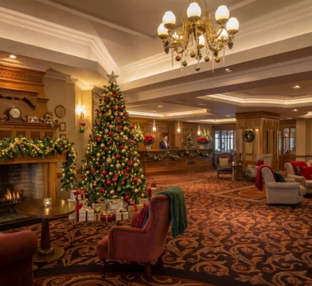 Festive hotel lobby with Christmas tree and family by the fireplace.