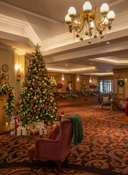 Festive hotel lobby with Christmas tree and family by the fireplace.