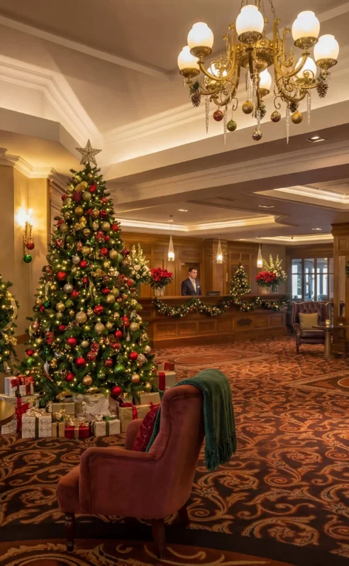 Festive hotel lobby with Christmas tree and family by the fireplace.